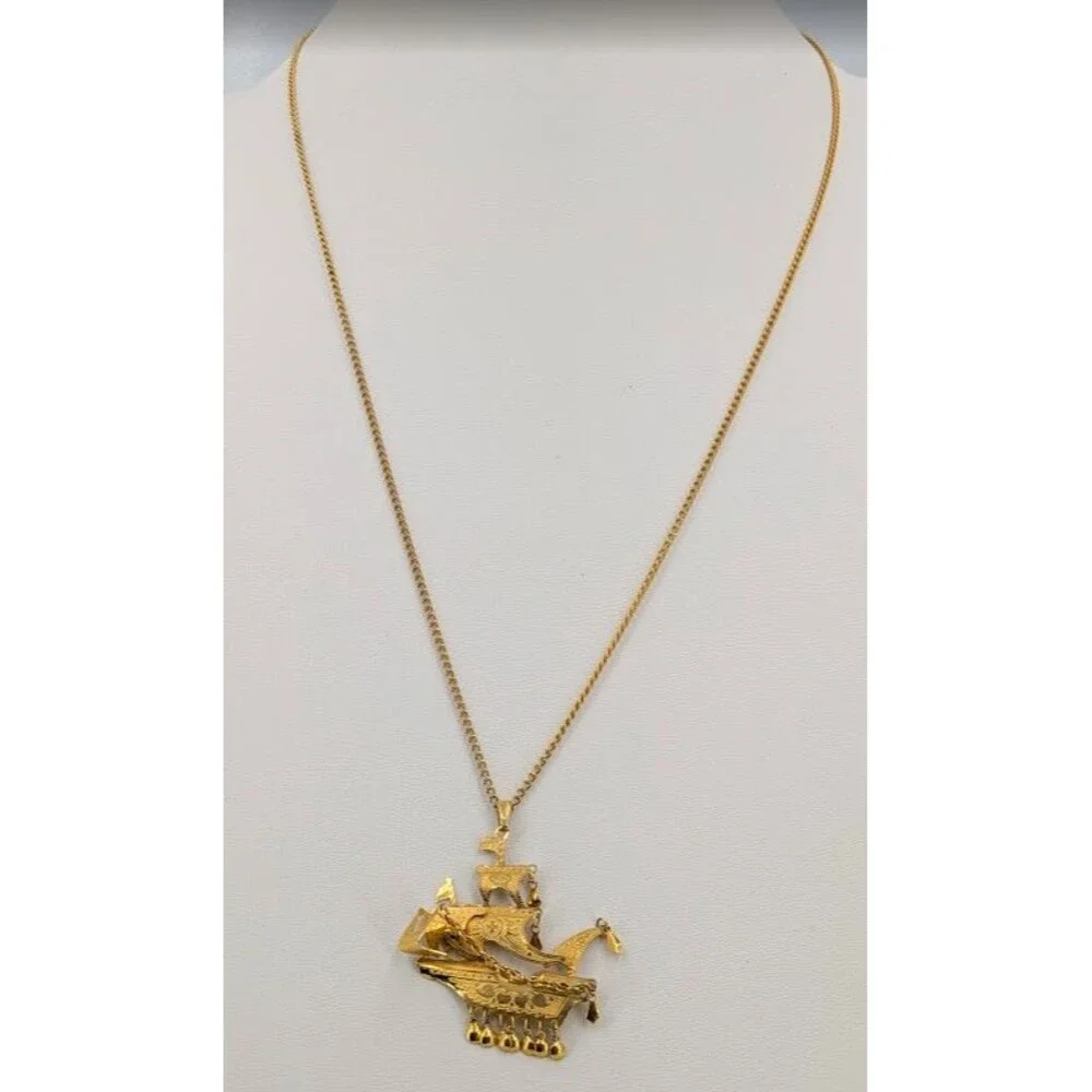 Pirate Ship Pendant Necklace Gold Tone Spanish Galleon Nautical 24 inch  Dangle